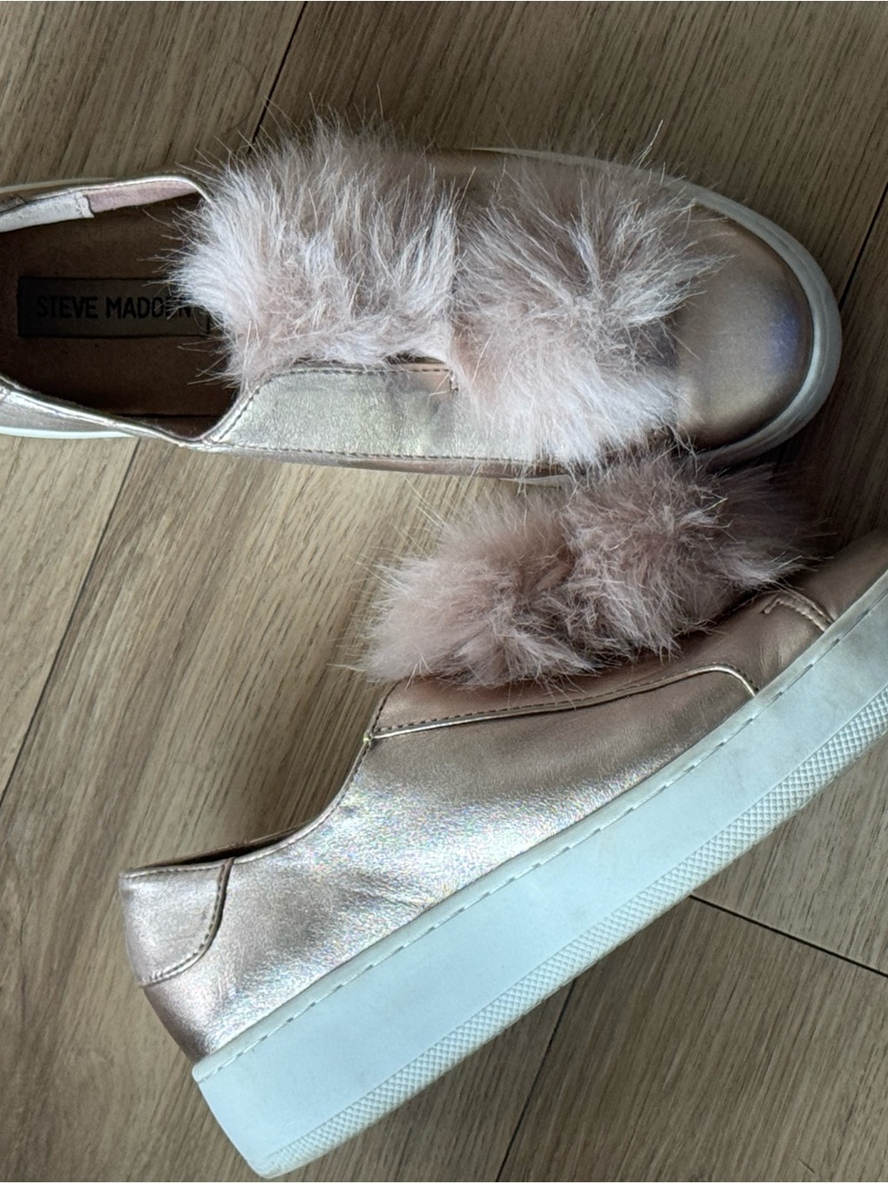 Steve Madden Metallic Rose Gold Faux Fur Slip-On Sneakers